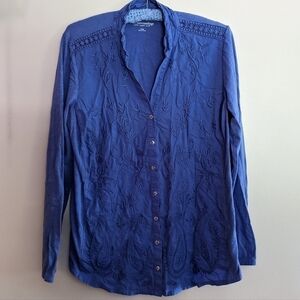 Soft Surroundings Blouse Blue Embroidered Front, Soft Jersey Sleeves and Back